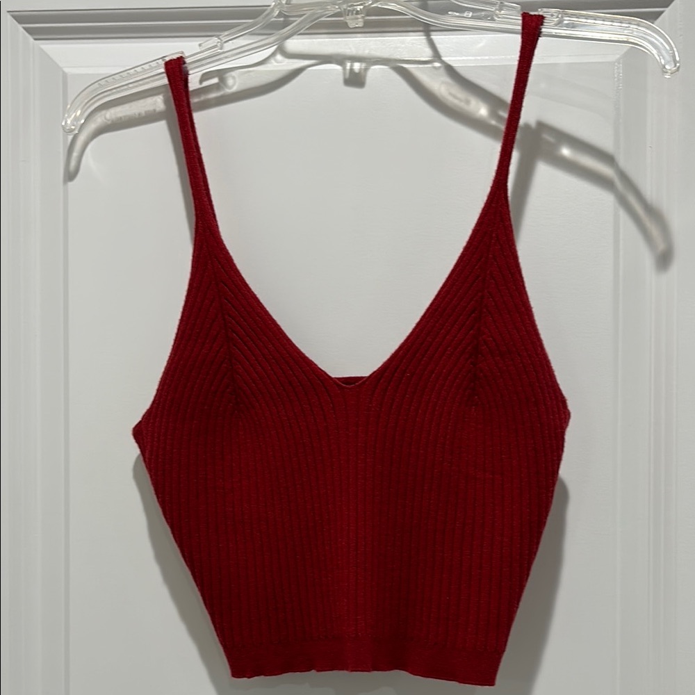 Red Ribbed Knit Women's Top
